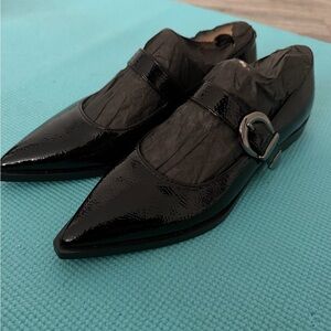 Nine West Black Patent Pointed Mary Jane Loafers with Buckle